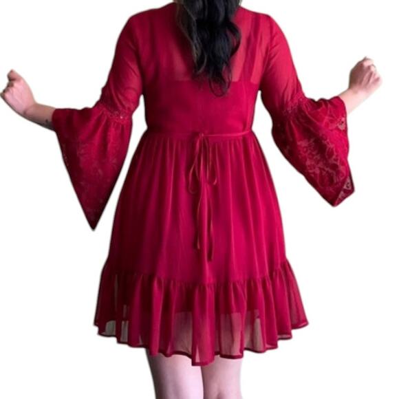 Band of Gypsies Sheer Overlay Red Baby Doll Flounce Mini Dress Size Small - Picture 4 of 14